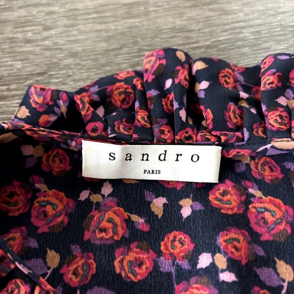 EUC Sandro Paris Floral Ruffle Silk Mini Dress S 4 Long Sleeve Multicolor Print - Picture 13 of 16